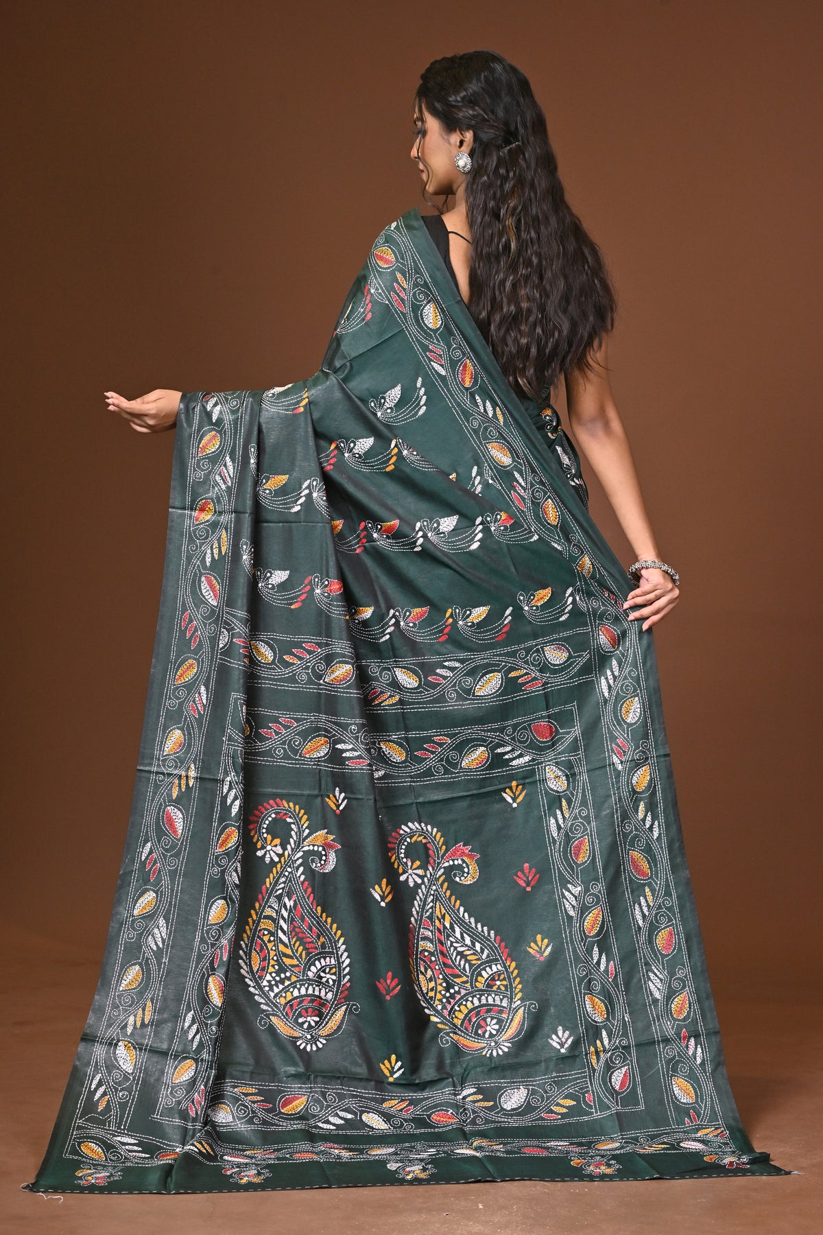 Blended Silk Kantha Stitch Saree Green