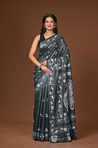 Blended Silk Kantha Stitch Saree Green