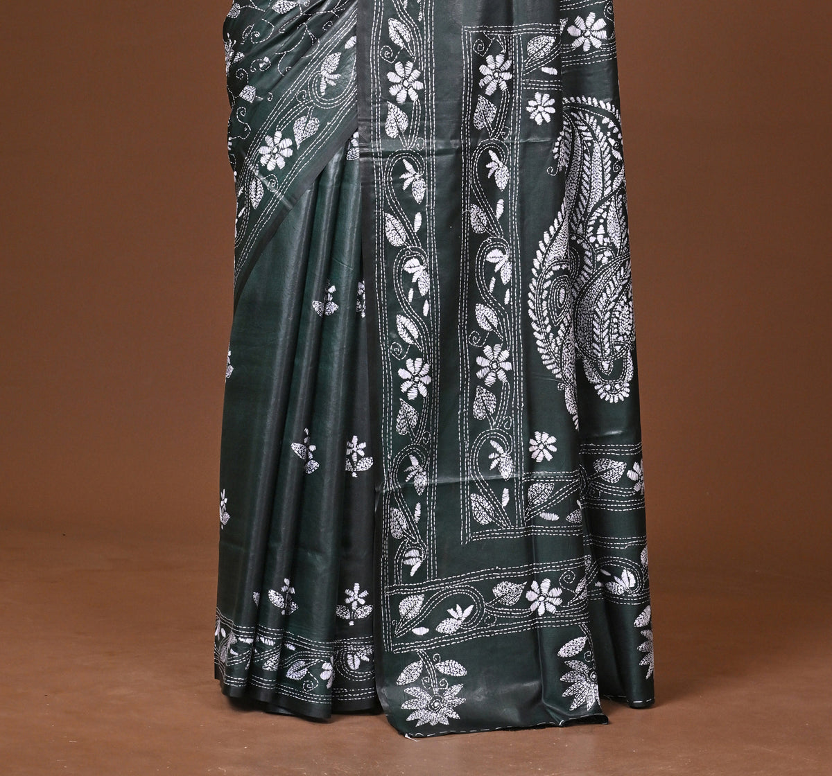 Blended Silk Kantha Stitch Saree Green