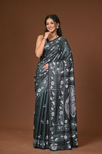 Blended Silk Kantha Stitch Saree Green