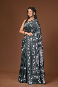 Blended Silk Kantha Stitch Saree Green