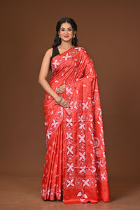 Blended Silk Kantha Stitch Saree Red