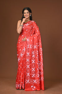 Blended Silk Kantha Stitch Saree Red