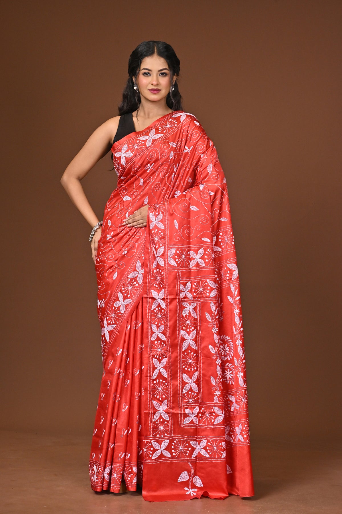 Blended Silk Kantha Stitch Saree Red