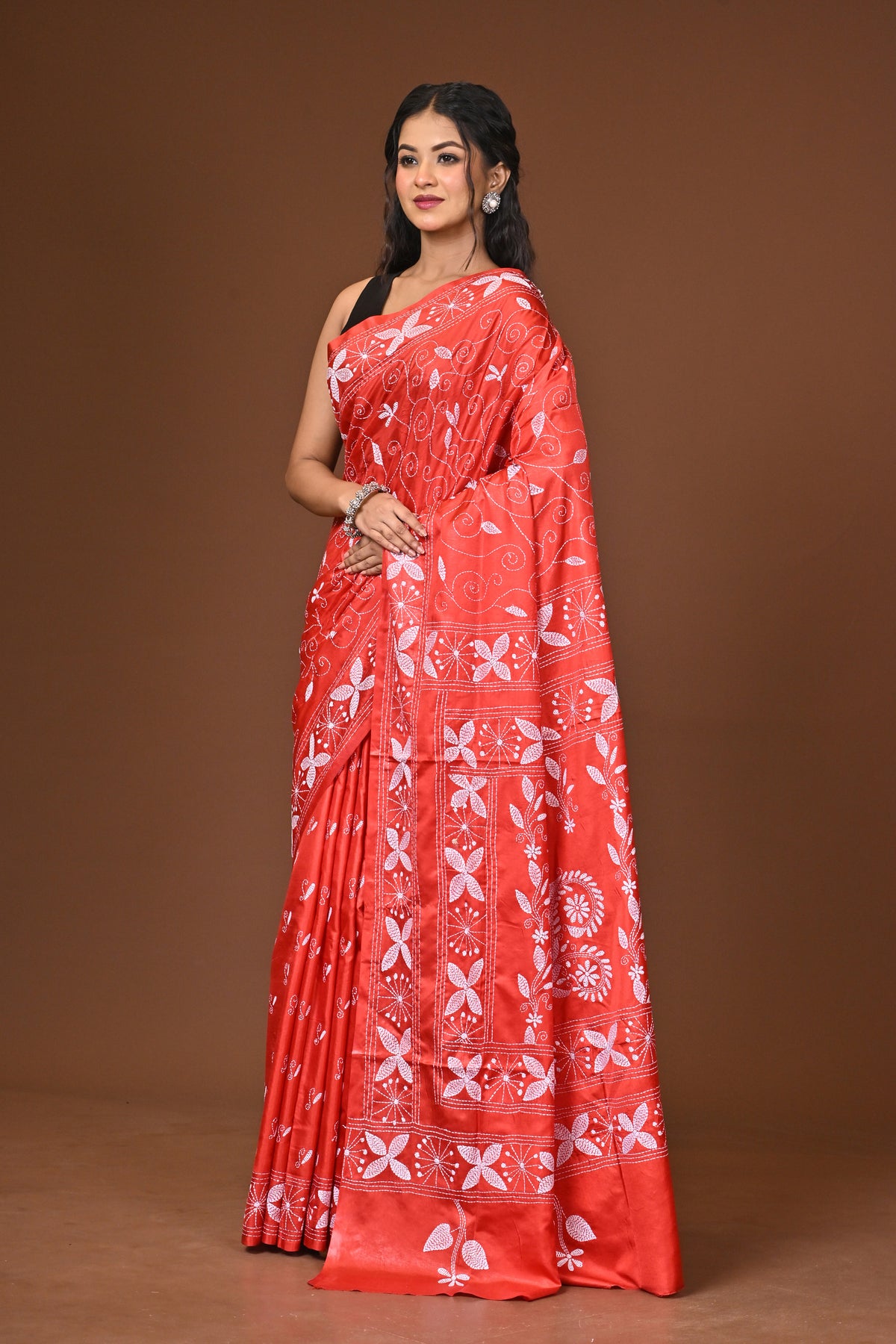 Blended Silk Kantha Stitch Saree Red