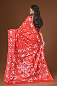 Blended Silk Kantha Stitch Saree Red