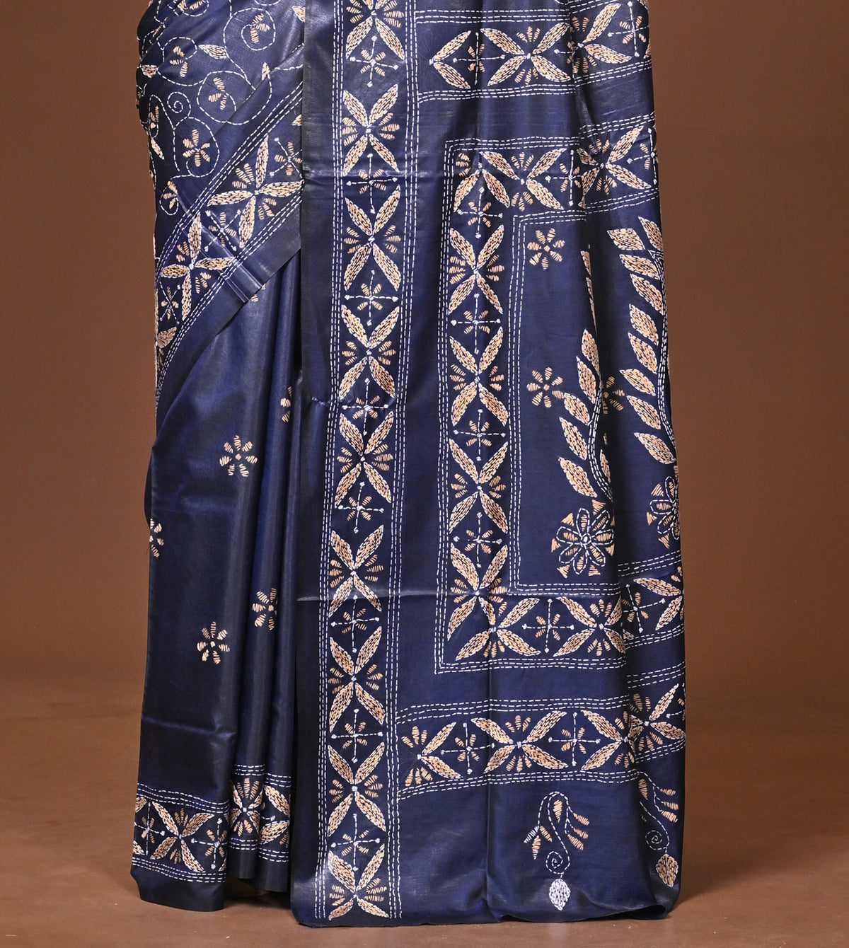 Blended Silk Kantha Stitch Saree Blue
