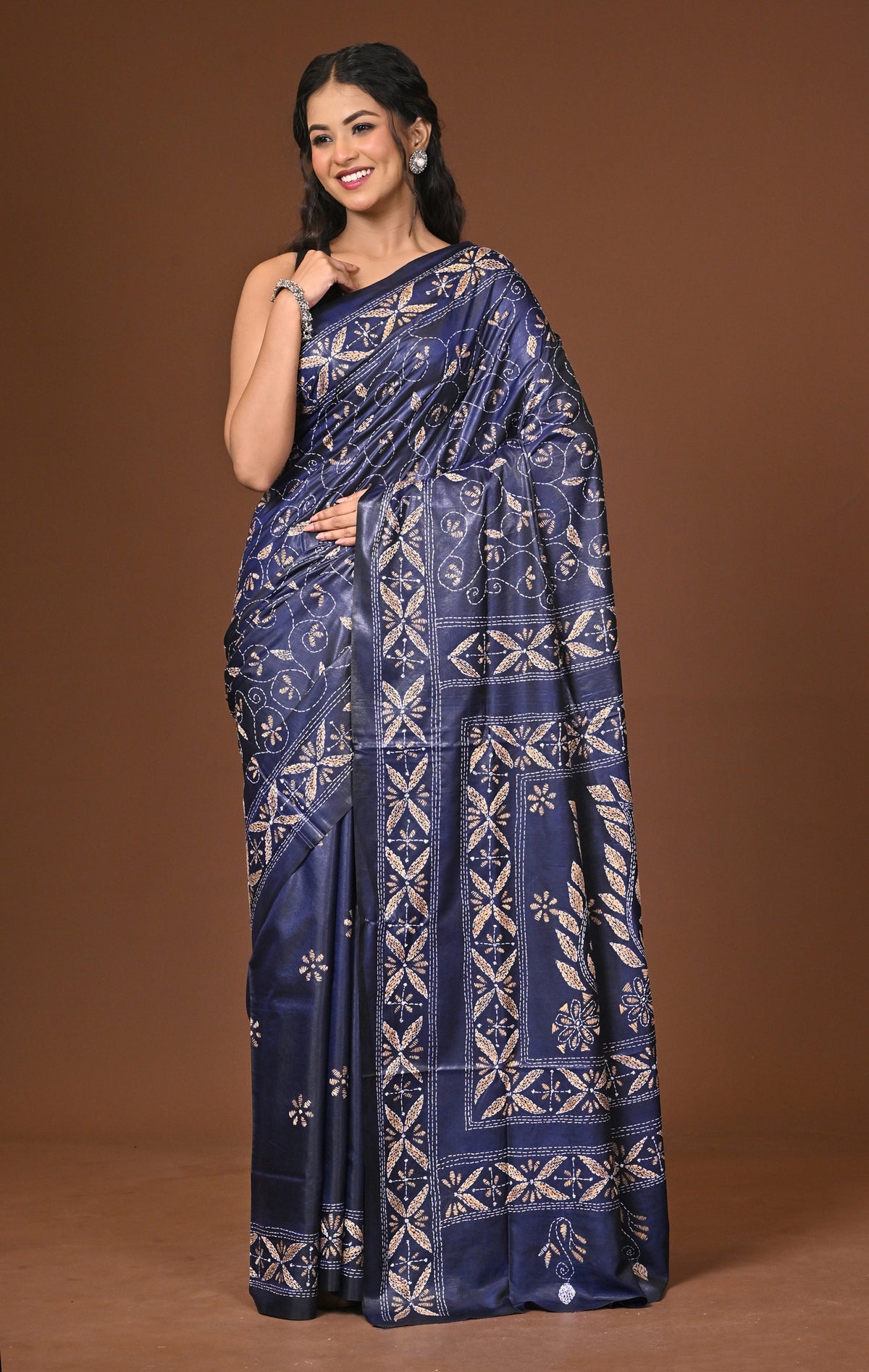 Blended Silk Kantha Stitch Saree Blue