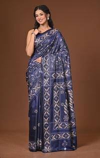 Blended Silk Kantha Stitch Saree Blue