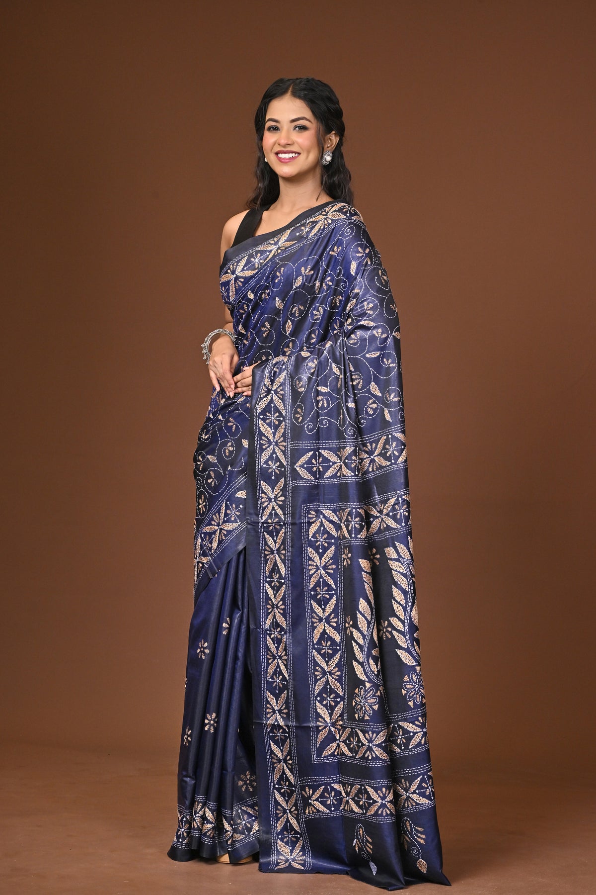 Blended Silk Kantha Stitch Saree Blue