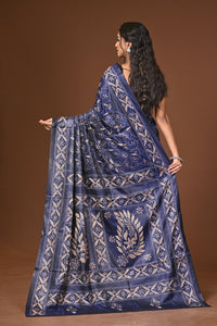 Blended Silk Kantha Stitch Saree Blue