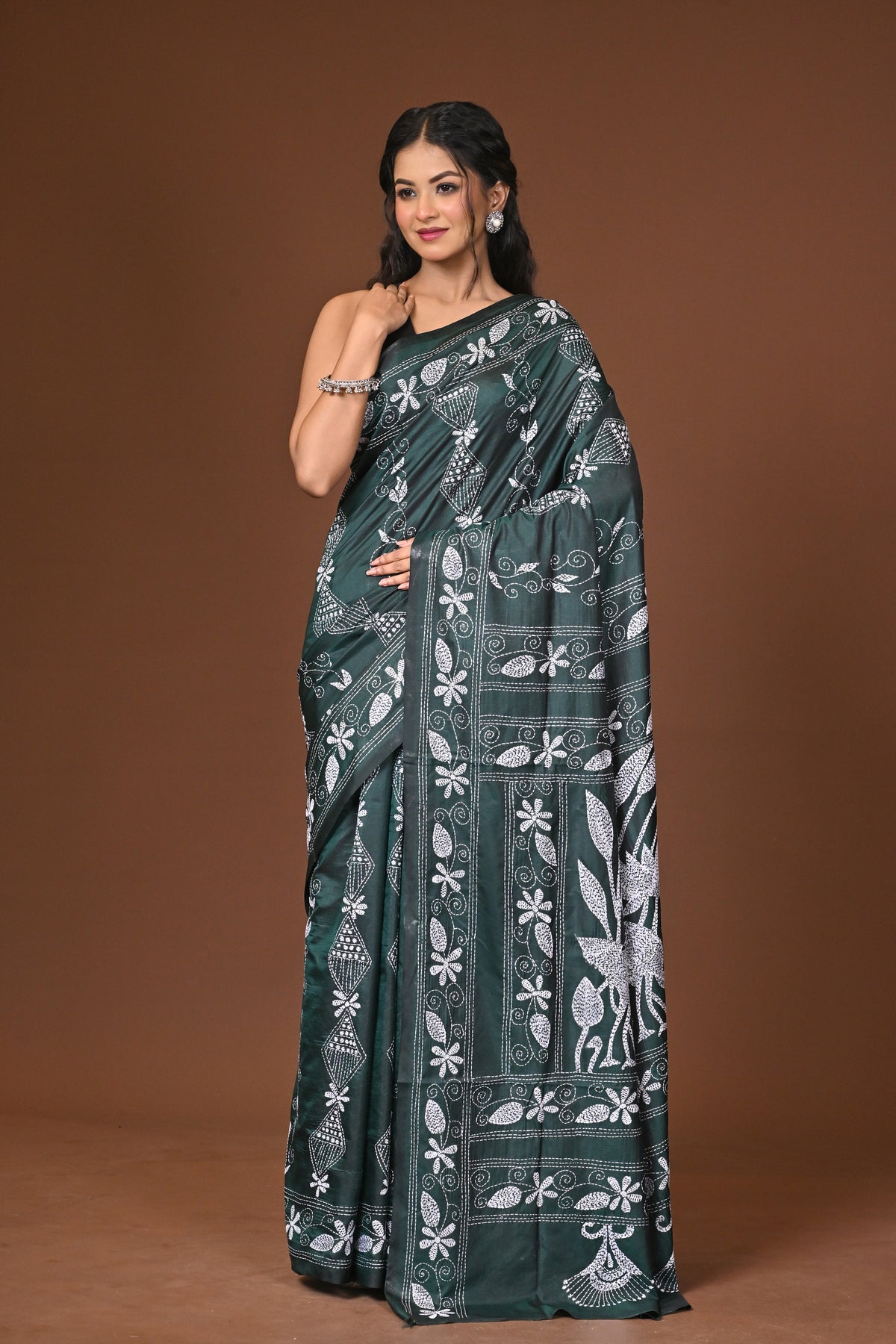 Blended Silk Kantha Stitch Saree Green