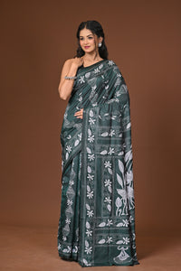 Blended Silk Kantha Stitch Saree Green