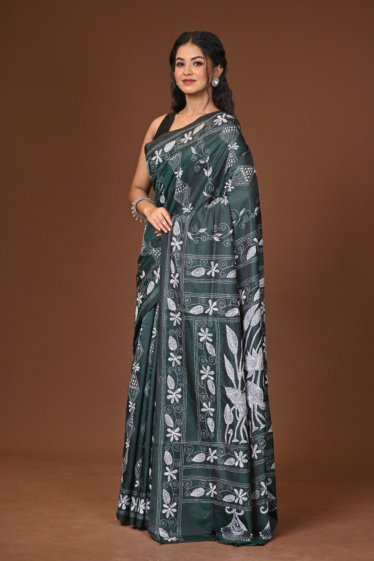Blended Silk Kantha Stitch Saree Green