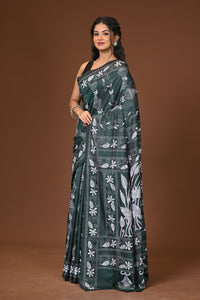 Blended Silk Kantha Stitch Saree Green