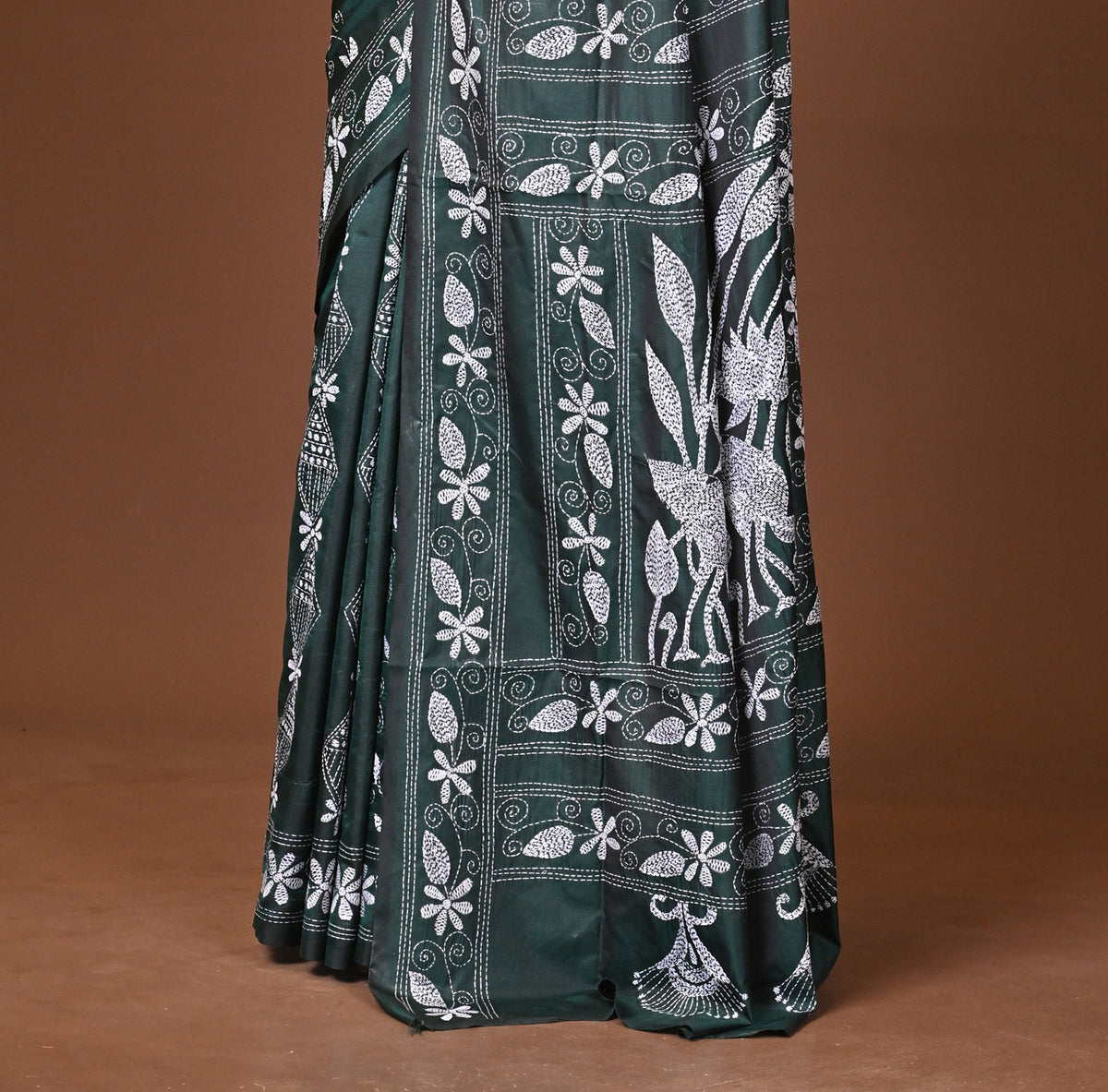 Blended Silk Kantha Stitch Saree Green