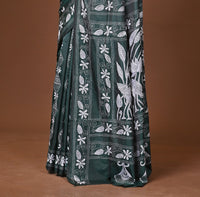 Blended Silk Kantha Stitch Saree Green