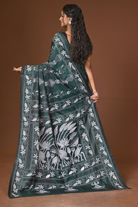 Blended Silk Kantha Stitch Saree Green
