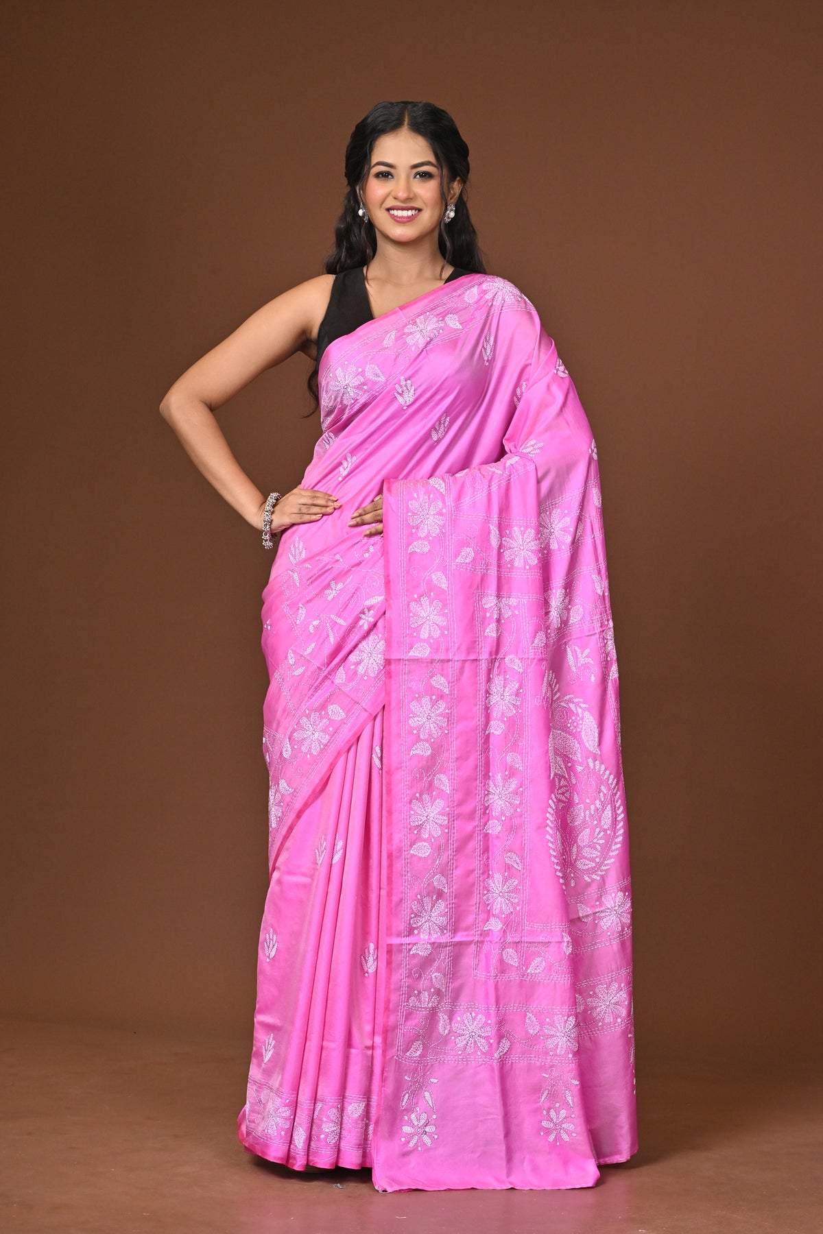 Blended Silk Kantha Stitch Saree Pink