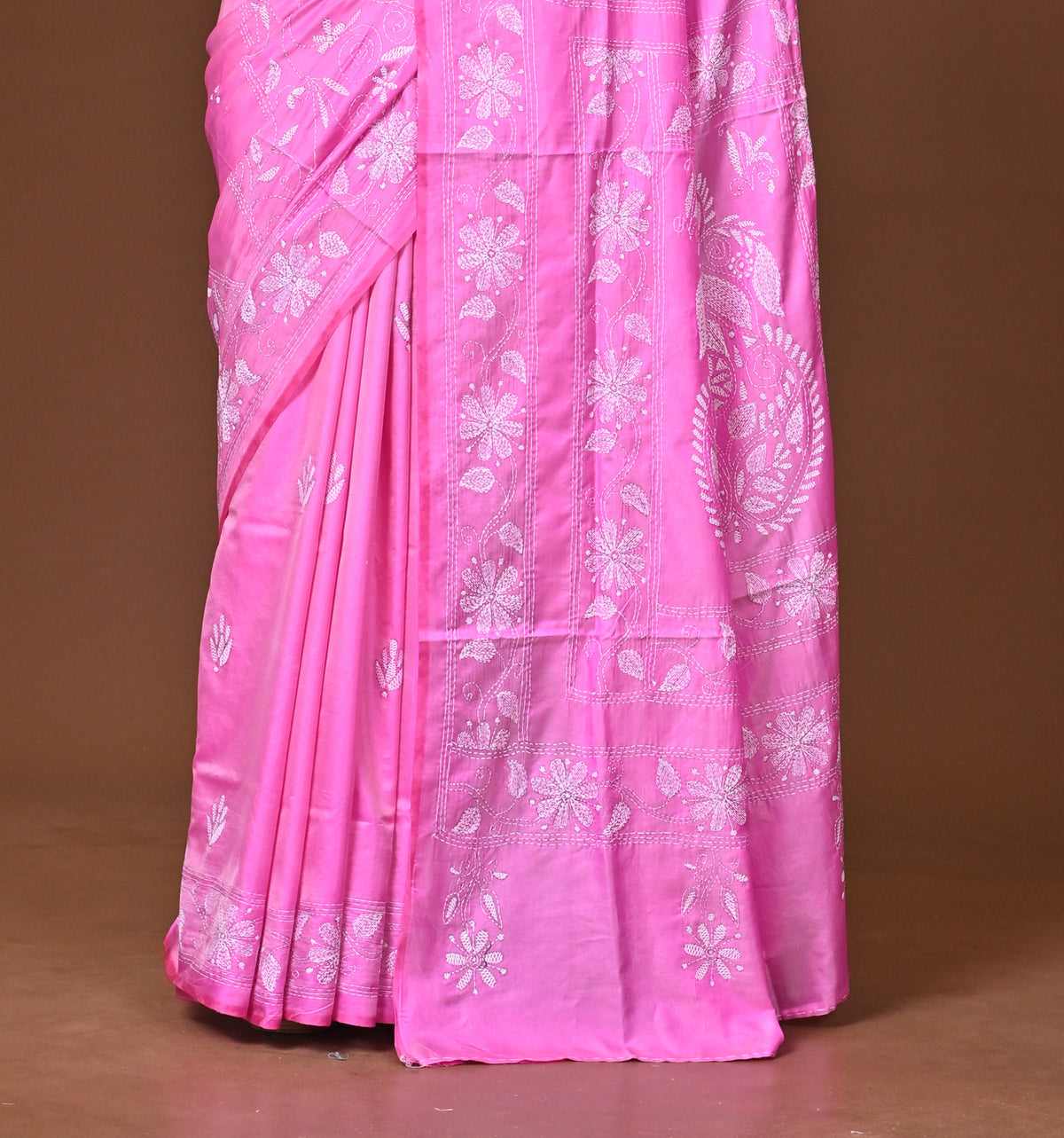 Blended Silk Kantha Stitch Saree Pink