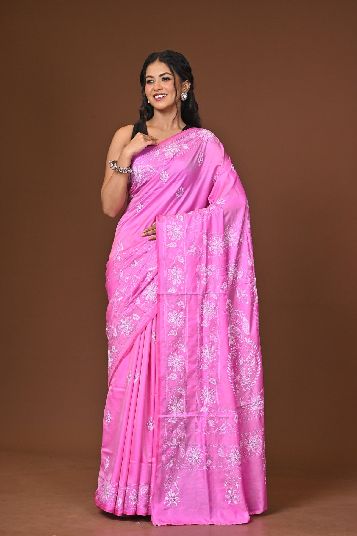 Blended Silk Kantha Stitch Saree Pink