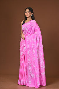 Blended Silk Kantha Stitch Saree Pink