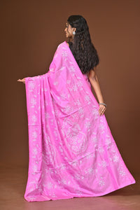 Blended Silk Kantha Stitch Saree Pink