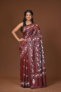 Blended Silk Kantha Stitch Saree Brown