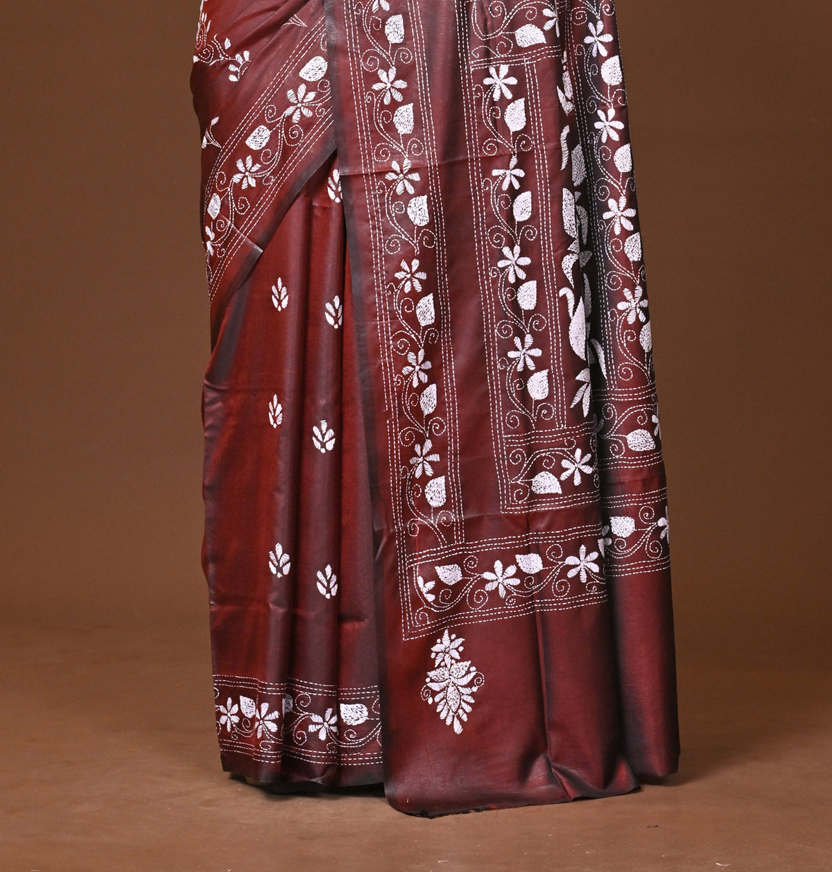 Blended Silk Kantha Stitch Saree Brown