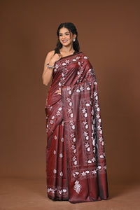 Blended Silk Kantha Stitch Saree Brown