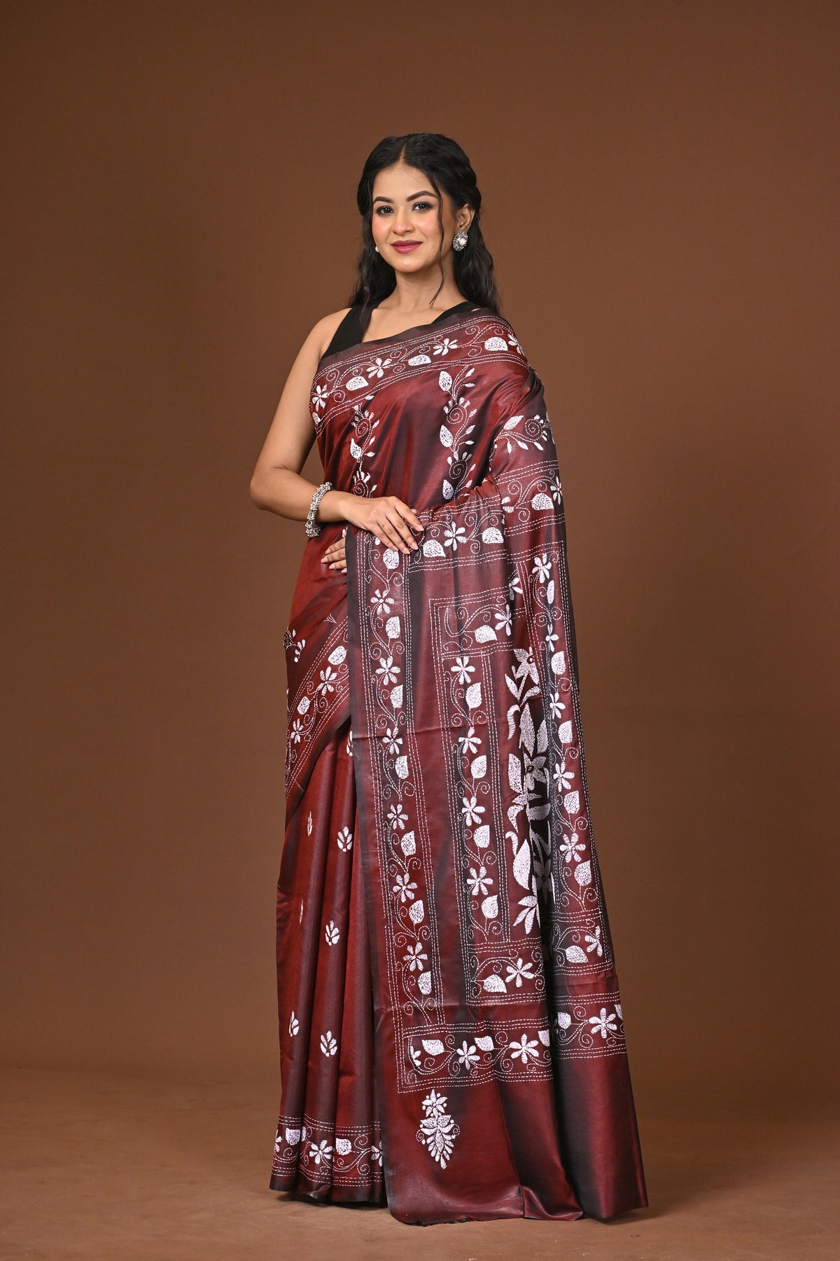 Blended Silk Kantha Stitch Saree Brown