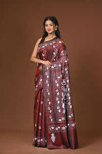 Blended Silk Kantha Stitch Saree Brown