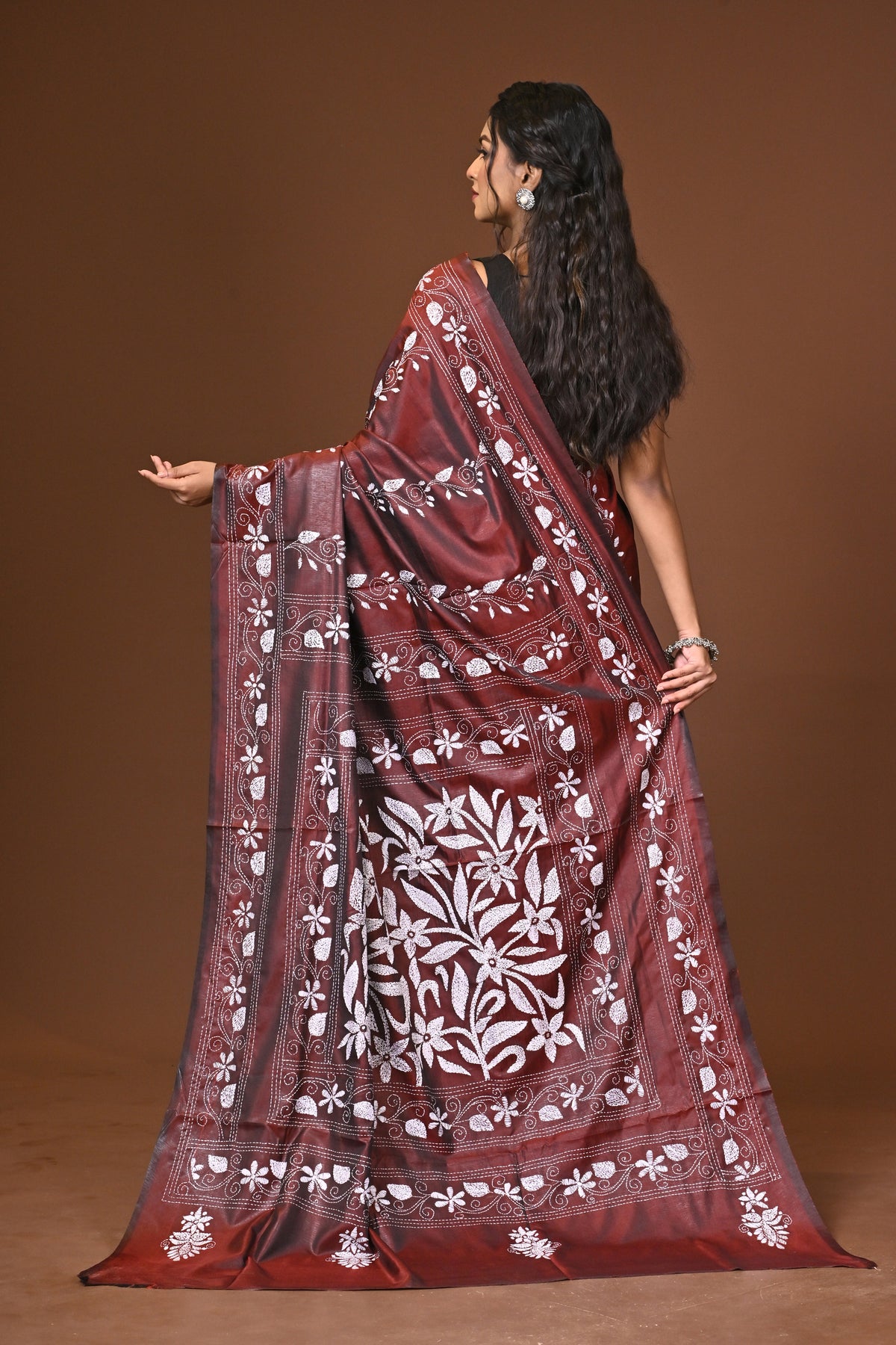 Blended Silk Kantha Stitch Saree Brown