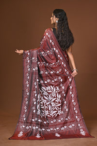 Blended Silk Kantha Stitch Saree Brown