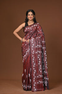 Blended Silk Kantha Stitch Saree Brown