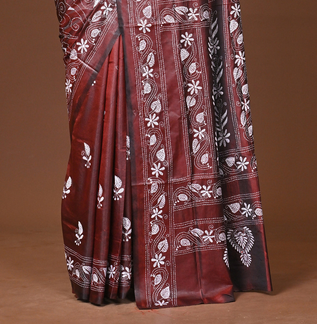 Blended Silk Kantha Stitch Saree Brown