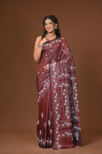 Blended Silk Kantha Stitch Saree Brown