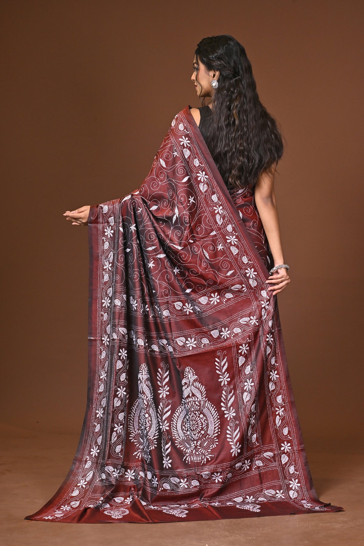 Blended Silk Kantha Stitch Saree Brown