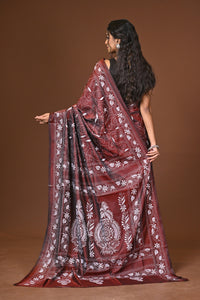 Blended Silk Kantha Stitch Saree Brown