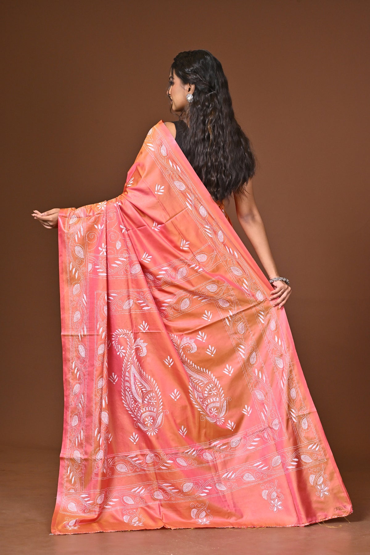 Blended Silk Kantha Stitch Saree Pink