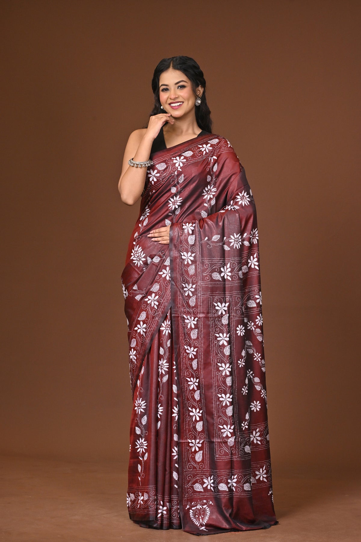 Blended Silk Kantha Stitch Saree Brown