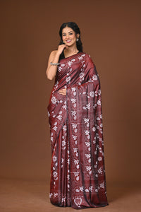 Blended Silk Kantha Stitch Saree Brown
