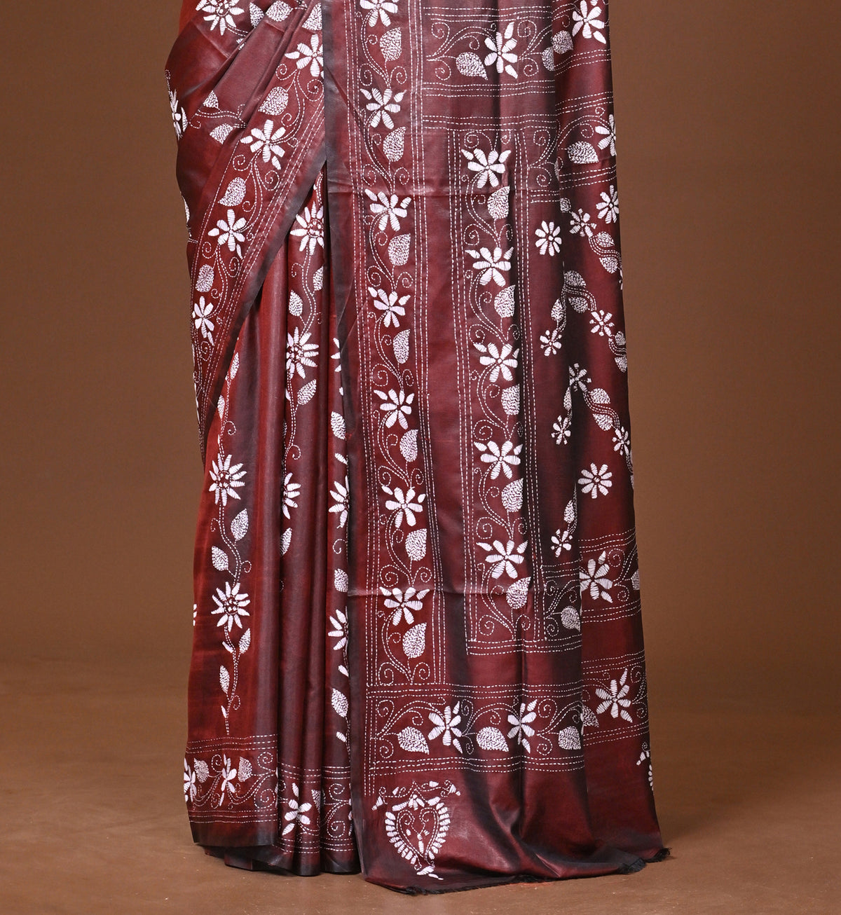 Blended Silk Kantha Stitch Saree Brown