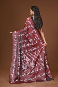 Blended Silk Kantha Stitch Saree Brown