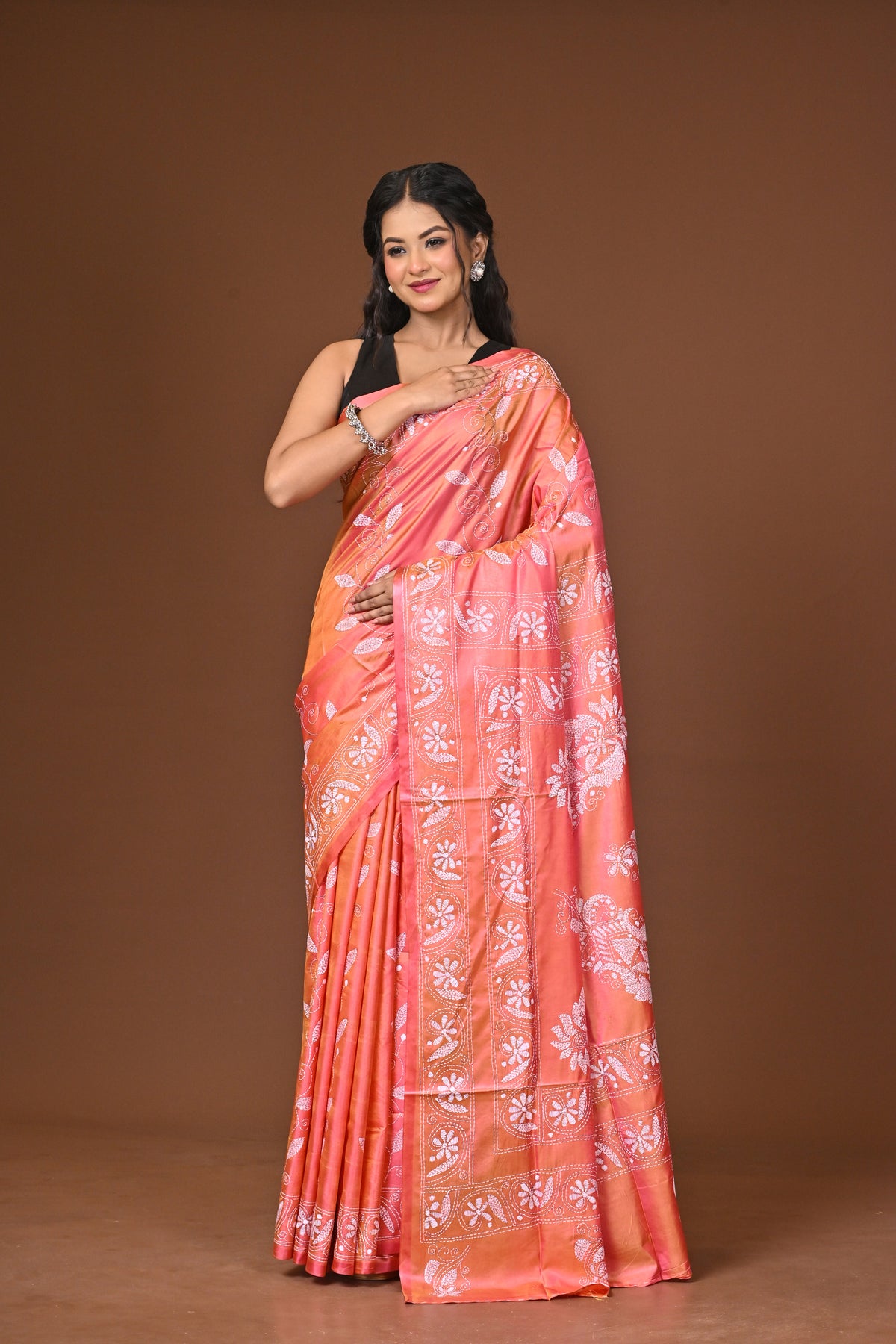 Blended Silk Kantha Stitch Saree Pink