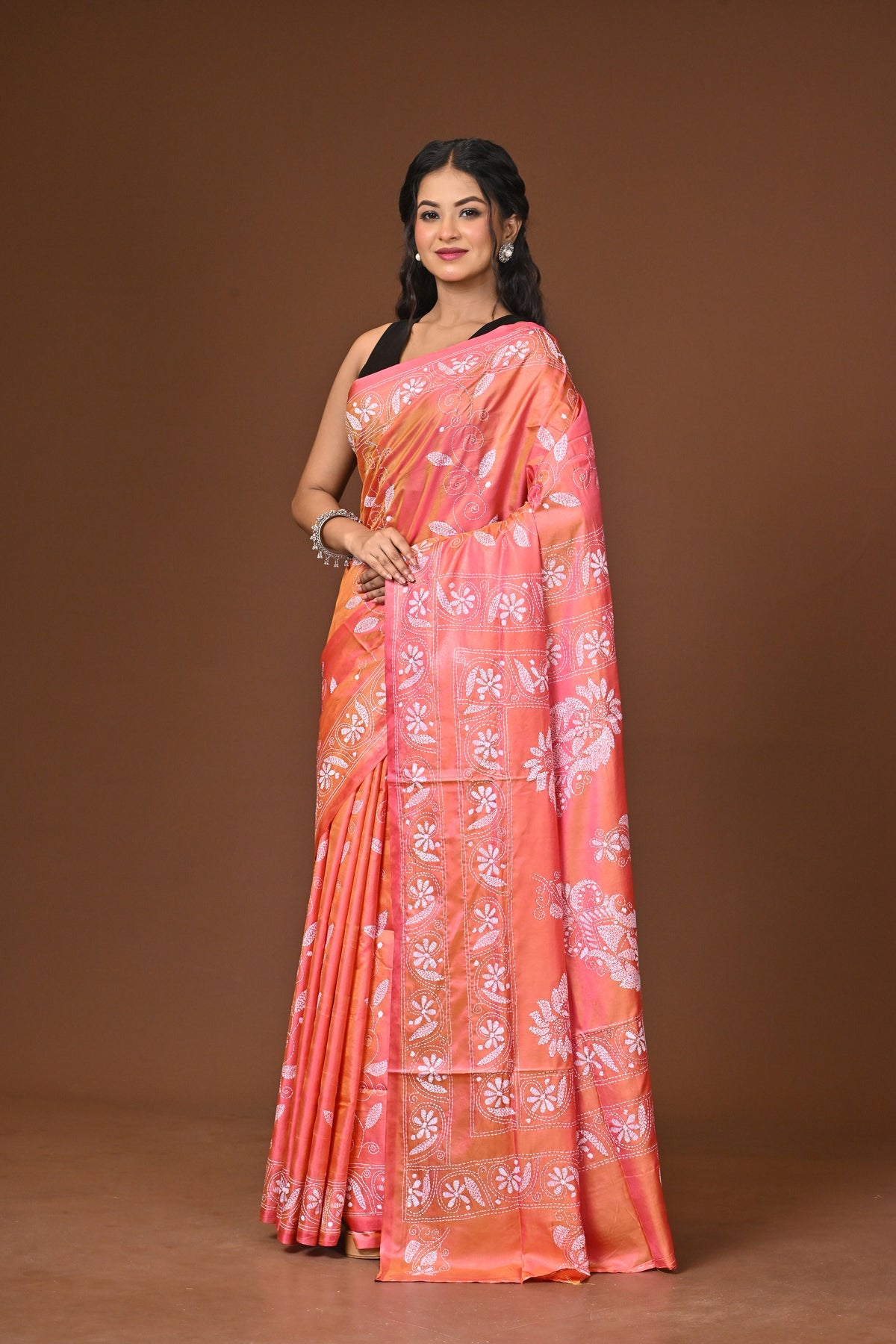 Blended Silk Kantha Stitch Saree Pink