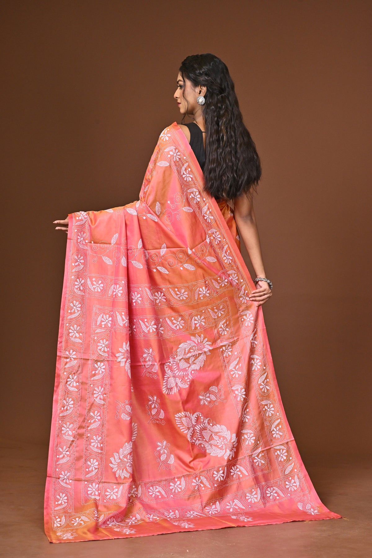 Blended Silk Kantha Stitch Saree Pink