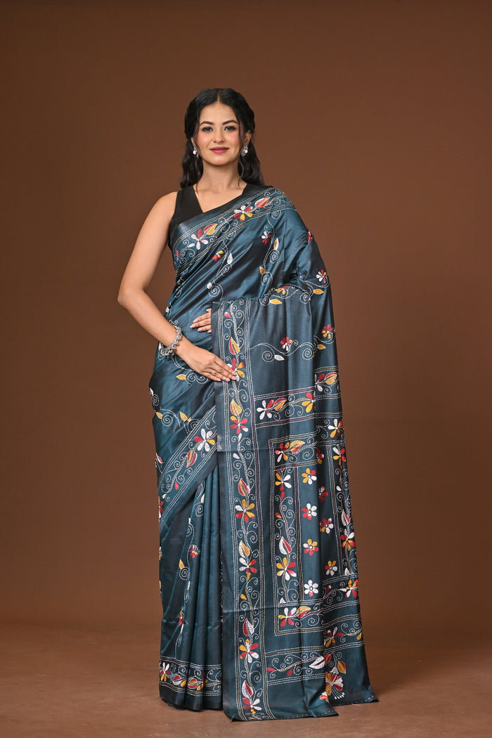 Blended Silk Kantha Stitch Saree