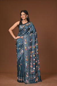 Blended Silk Kantha Stitch Saree Blue