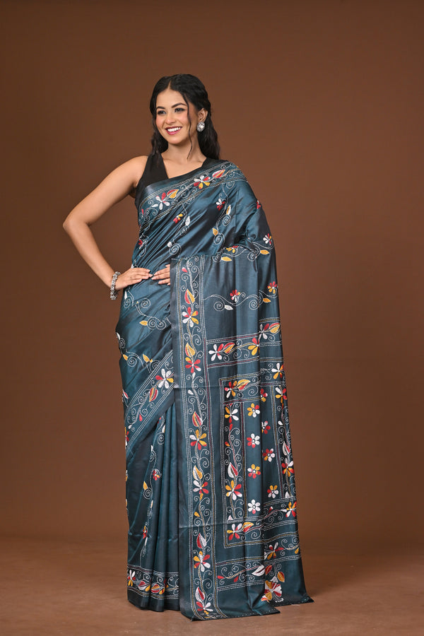 Blended Silk Kantha Stitch Saree